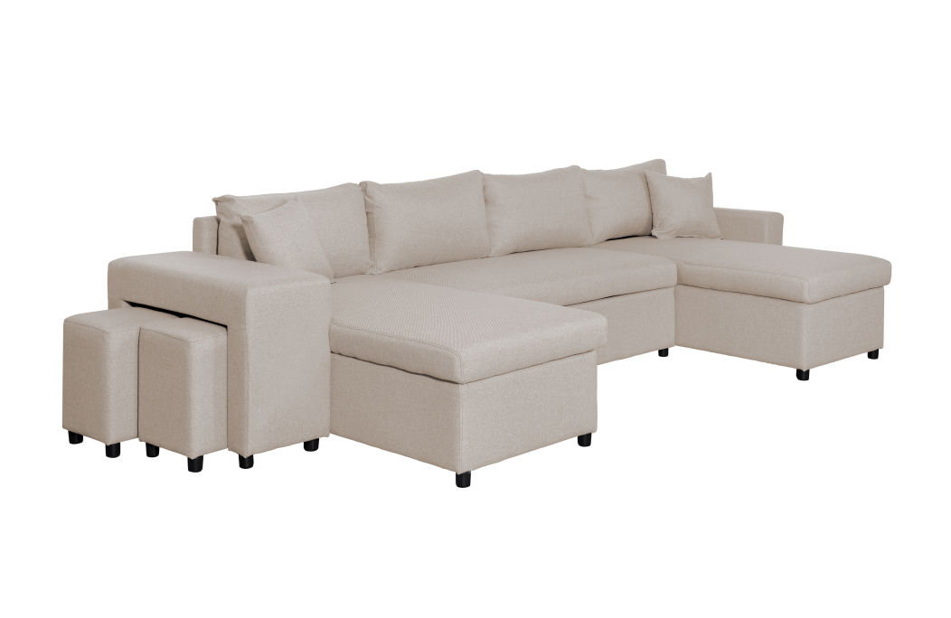 Canapé d'angle panoramique OSLO convertible avec coffres et poufs en tissu