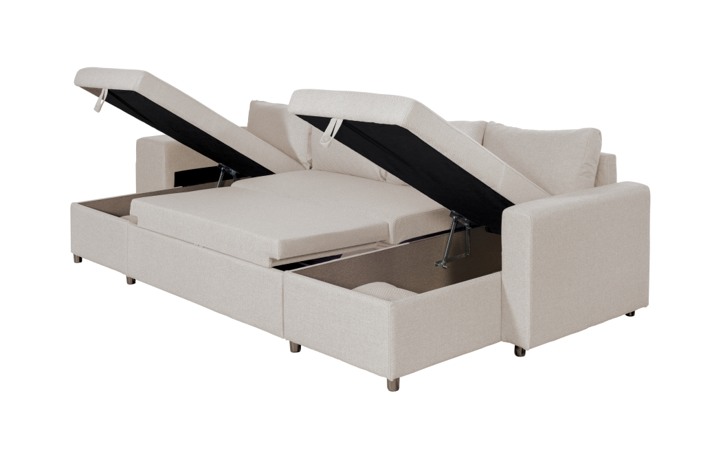 Canapé d'angle panoramique OSLO convertible avec coffres et poufs en tissu