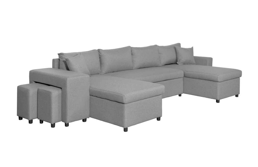 Canapé d'angle panoramique OSLO convertible avec coffres et poufs en tissu