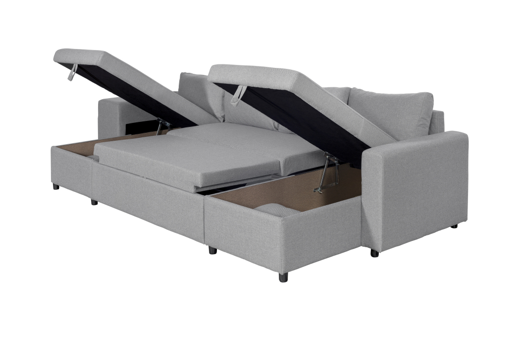 Canapé d'angle panoramique OSLO convertible avec coffres et poufs en tissu