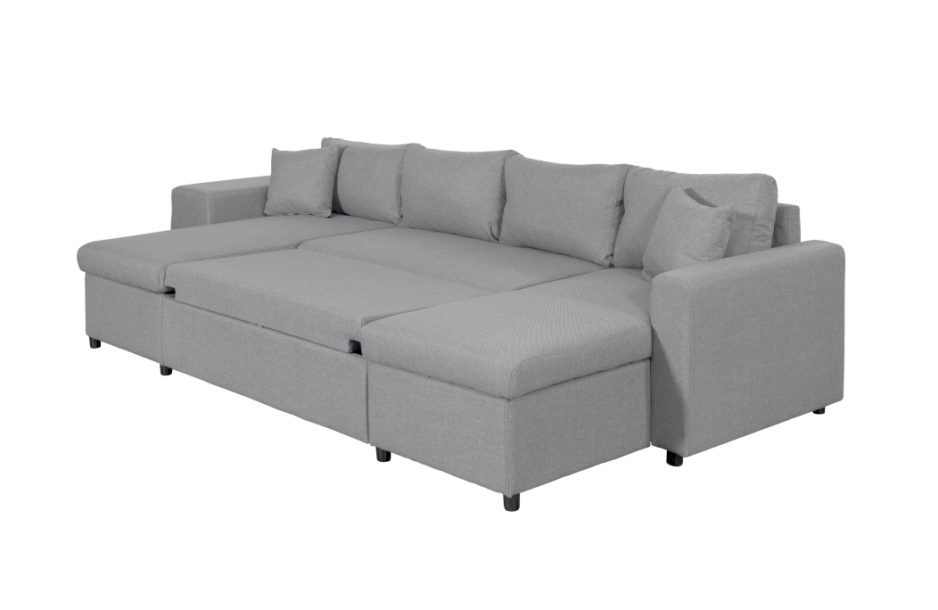 Canapé d'angle panoramique OSLO convertible avec coffres et poufs en tissu