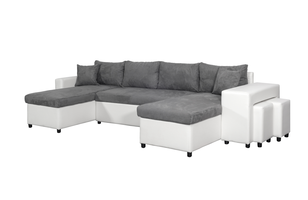 Canapé d'angle panoramique OSLO convertible avec coffres et poufs en simili et tissu