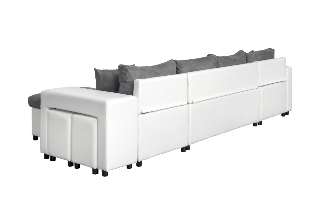 Canapé d'angle panoramique OSLO convertible avec coffres et poufs en simili et tissu