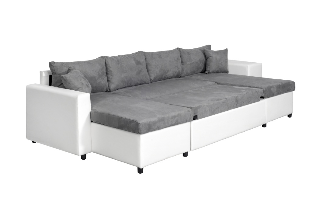 Canapé d'angle panoramique OSLO convertible avec coffres et poufs en simili et tissu