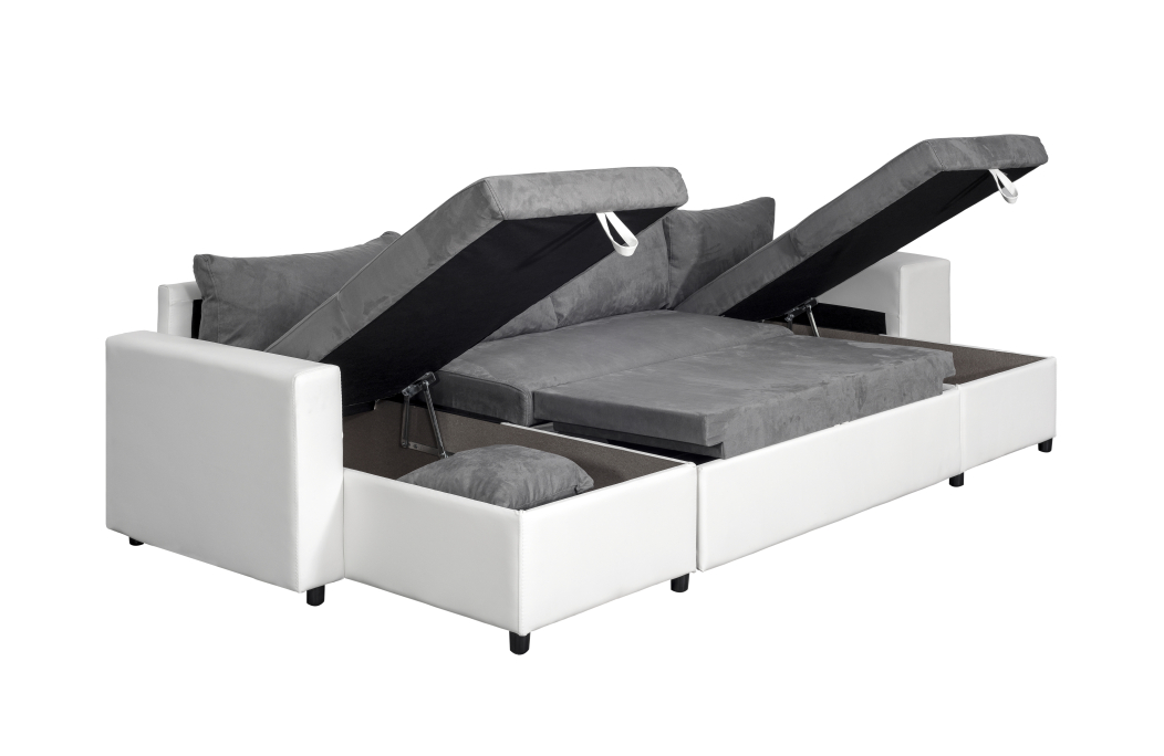 Canapé d'angle panoramique OSLO convertible avec coffres et poufs en simili et tissu