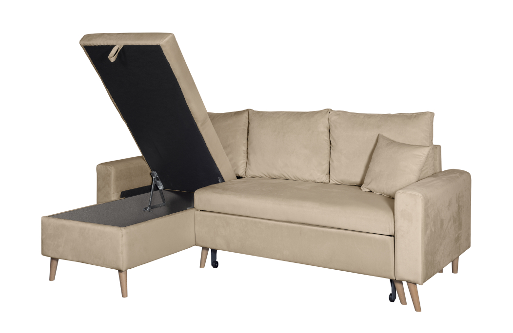 Canapé d'angle MARIA SCANDINAVE VELOURS réversible et convertible avec coffre