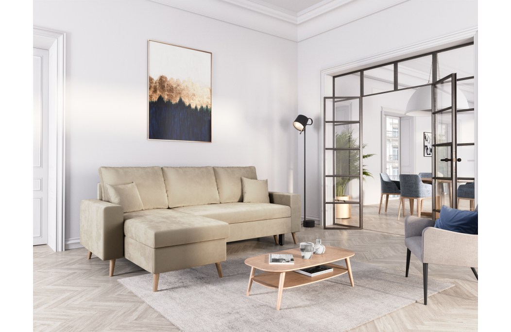 Canapé d'angle MARIA SCANDINAVE VELOURS réversible et convertible avec coffre