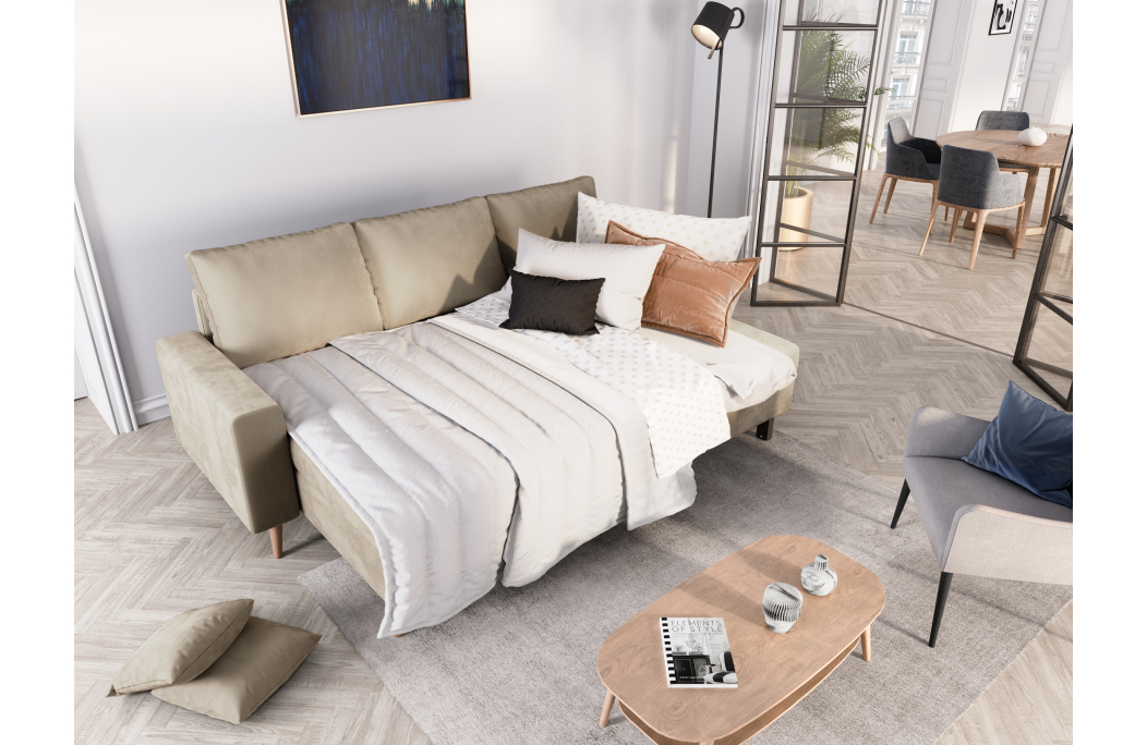 Canapé d'angle MARIA SCANDINAVE VELOURS réversible et convertible avec coffre