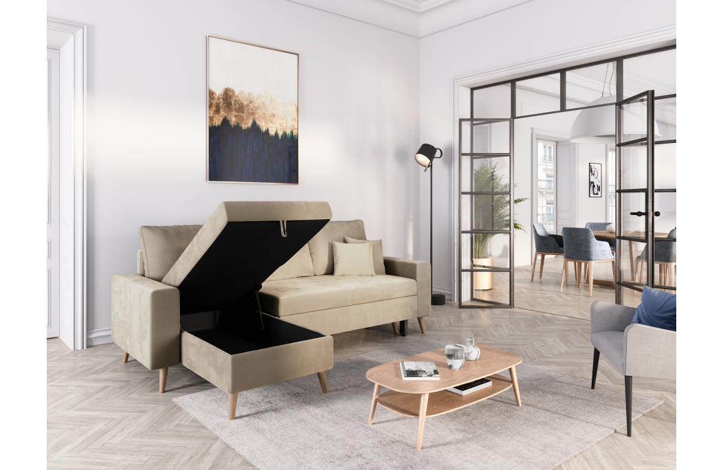 Canapé d'angle MARIA SCANDINAVE VELOURS réversible et convertible avec coffre