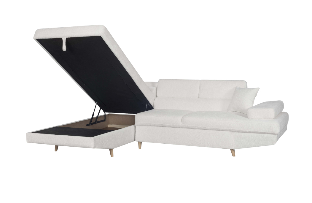 Canapé d'angle convertible MATHIS avec coffre en tissu bouclettes