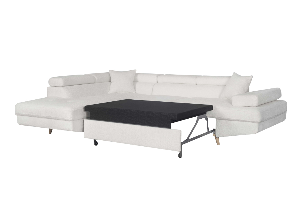 Canapé d'angle convertible MATHIS avec coffre en tissu bouclettes