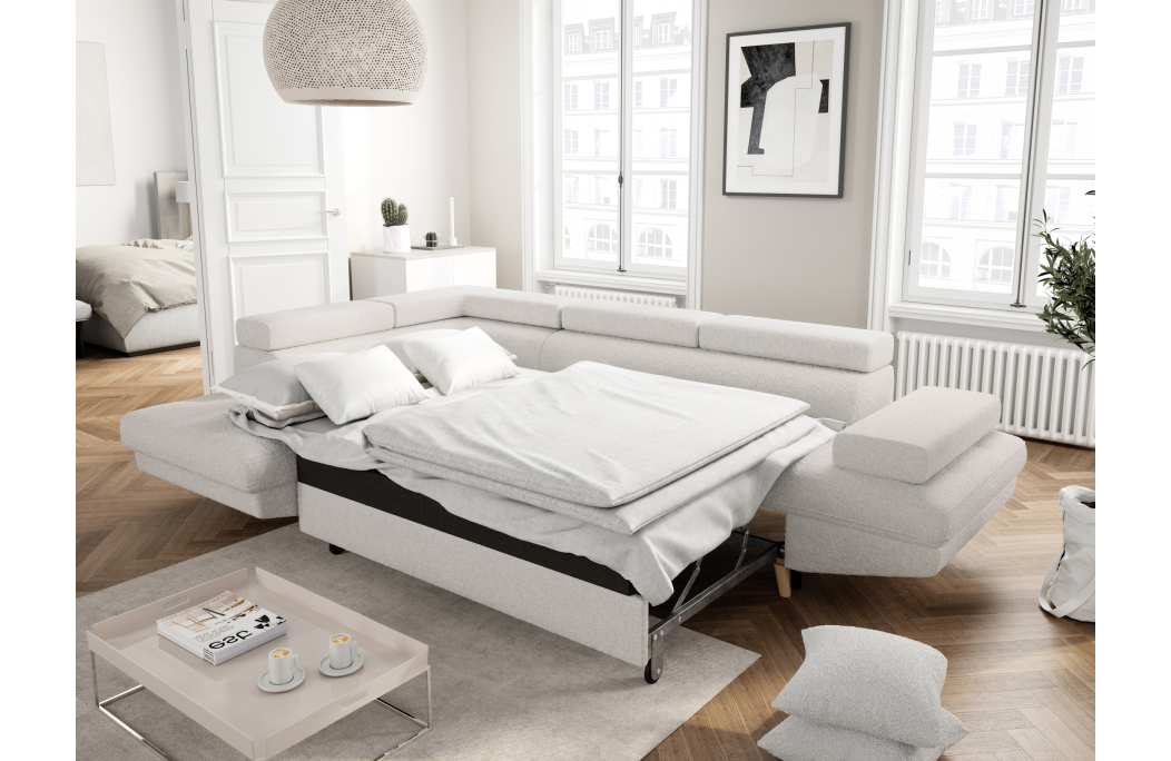 Canapé d'angle convertible MATHIS avec coffre en tissu bouclettes
