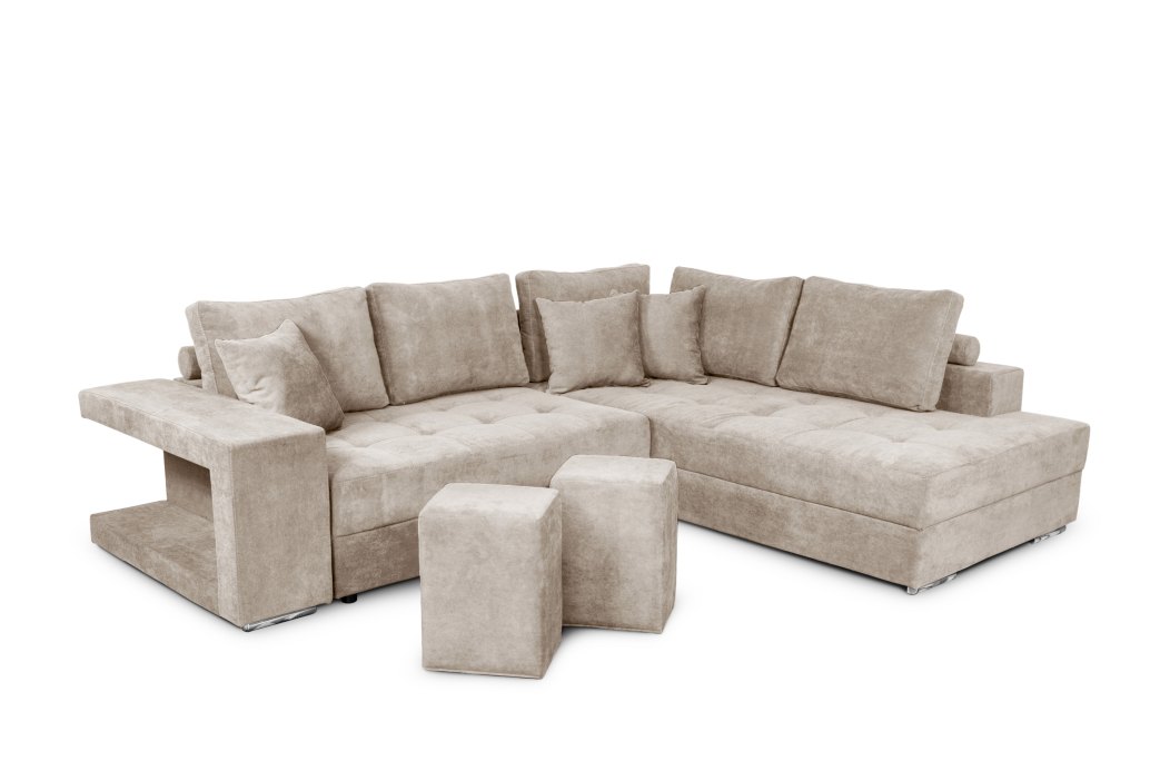 Canapé d'angle TAMIA convertible avec coffre et 2 poufs en tissu