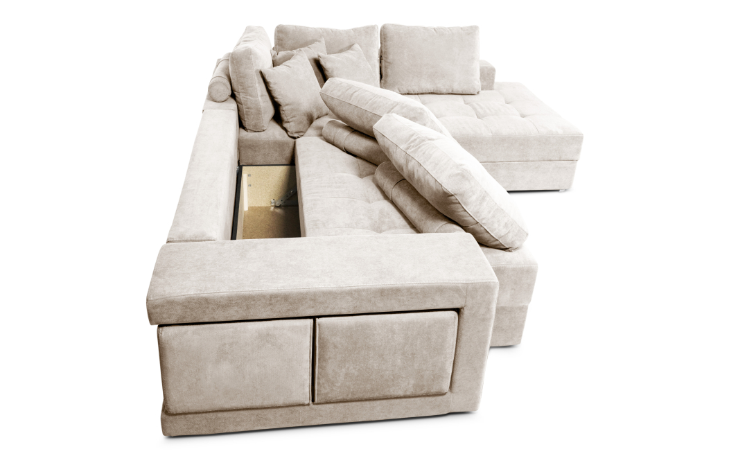 Canapé d'angle TAMIA convertible avec coffre et 2 poufs en tissu