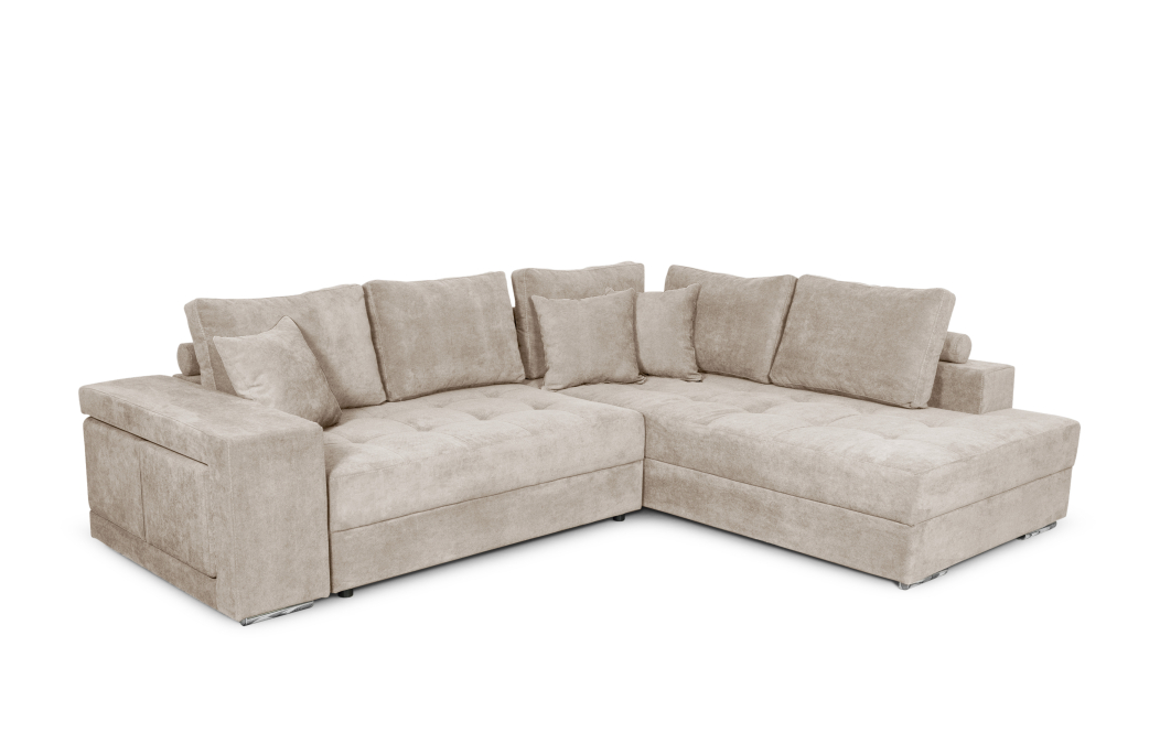 Canapé d'angle TAMIA convertible avec coffre et 2 poufs en tissu