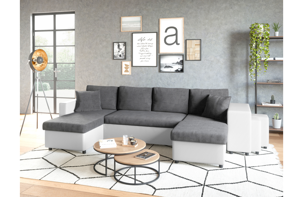 Canapé d'angle panoramique OSLO convertible avec coffres et poufs en simili et microfibre