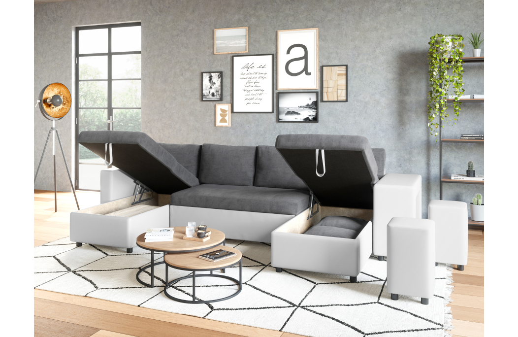 Canapé d'angle panoramique OSLO convertible avec coffres et poufs en simili et microfibre