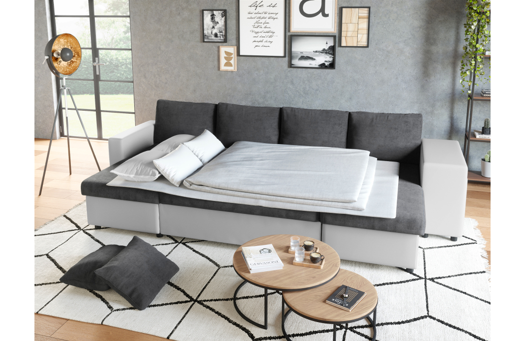 Canapé d'angle panoramique OSLO convertible avec coffres et poufs en simili et microfibre