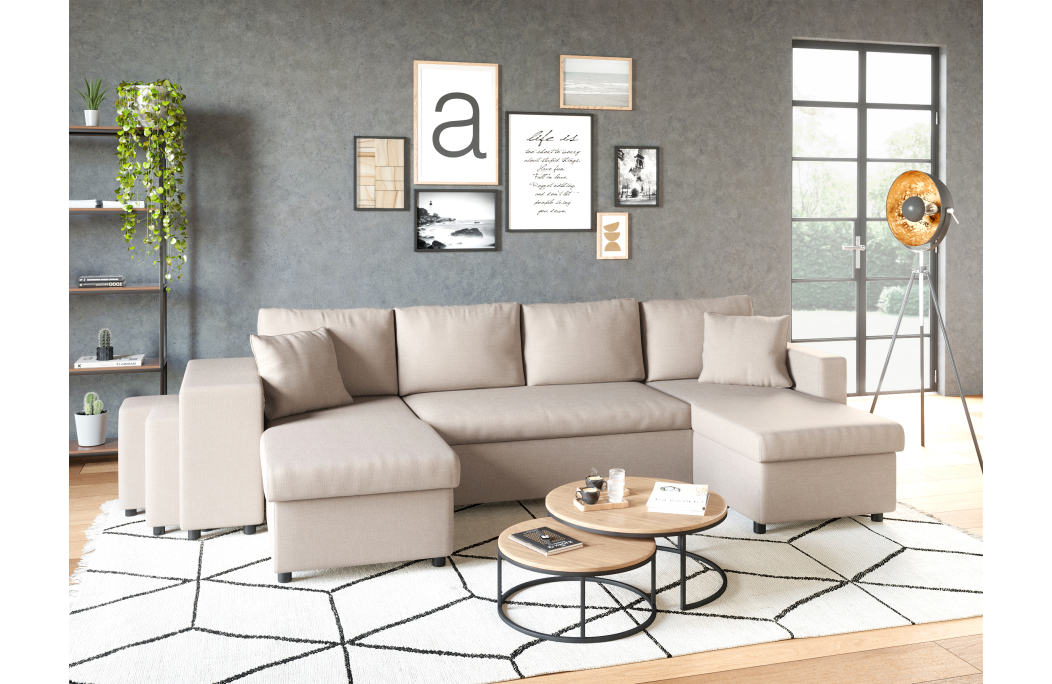 Canapé d'angle panoramique OSLO convertible avec coffres et poufs en tissu