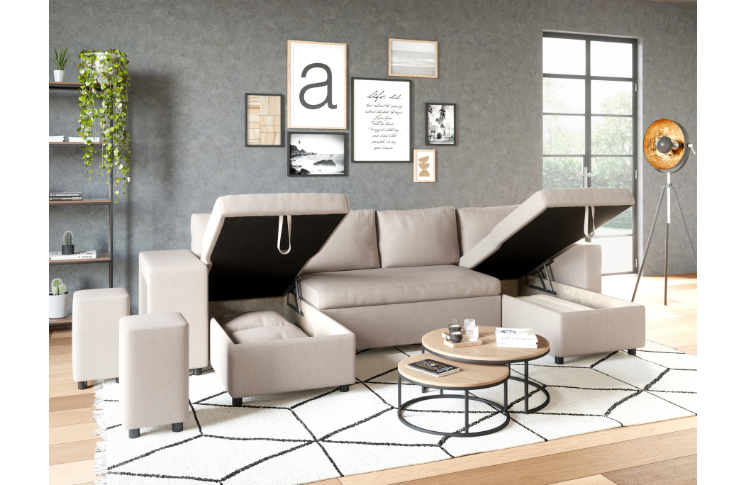 Canapé d'angle panoramique OSLO convertible avec coffres et poufs en tissu
