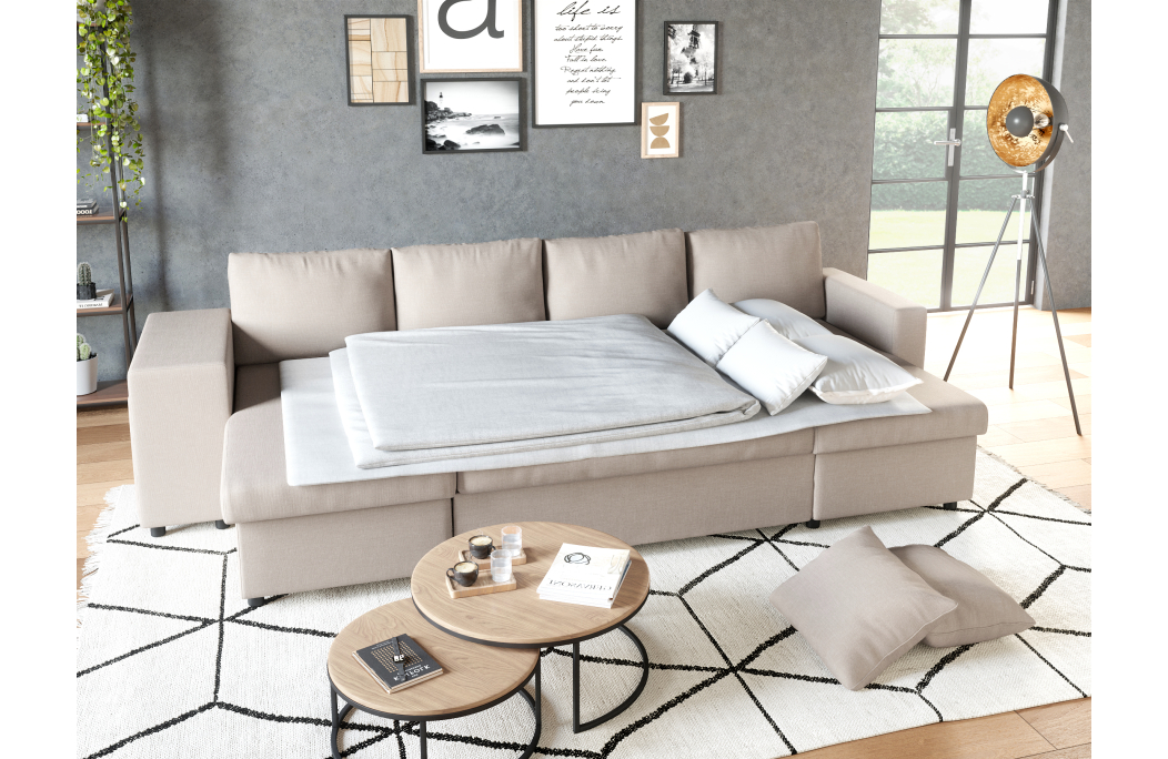 Canapé d'angle panoramique OSLO convertible avec coffres et poufs en tissu