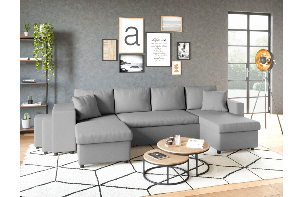 Canapé d'angle panoramique OSLO convertible avec coffres et poufs en tissu