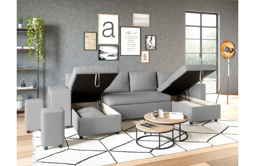 Canapé d'angle panoramique OSLO convertible avec coffres et poufs en tissu