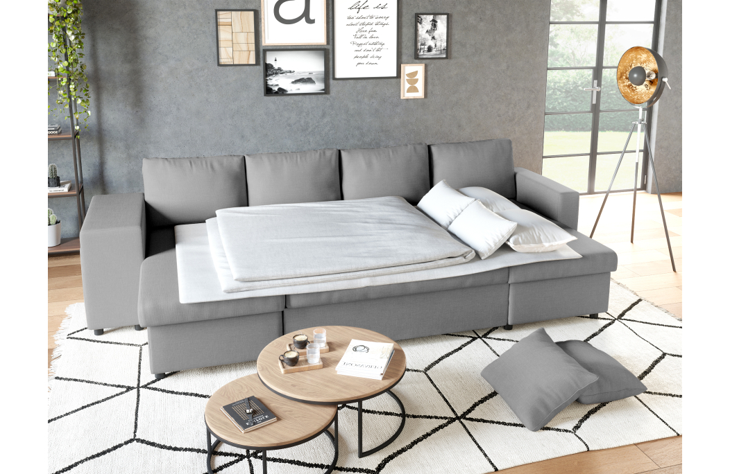 Canapé d'angle panoramique OSLO convertible avec coffres et poufs en tissu