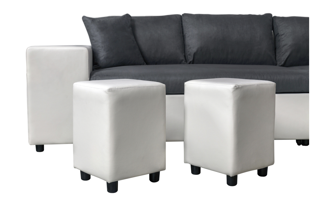 Canapé d'angle OSLO convertible avec coffre et poufs en microfibre et simili