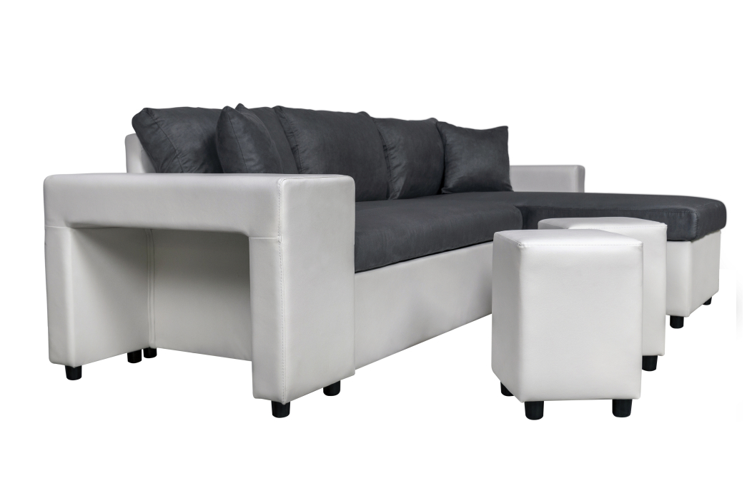 Canapé d'angle OSLO convertible avec coffre et poufs en microfibre et simili