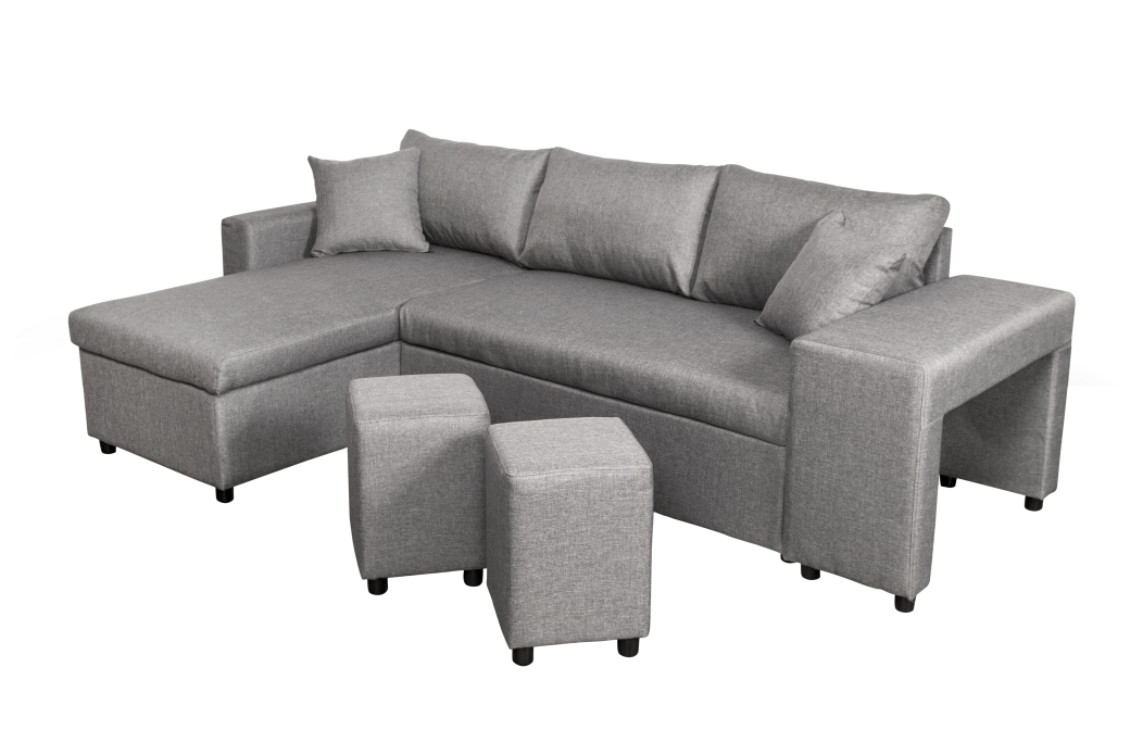 Canapé d'angle OSLO convertible avec coffre et poufs en tissu