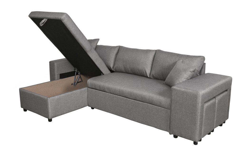 Canapé d'angle OSLO convertible avec coffre et poufs en tissu