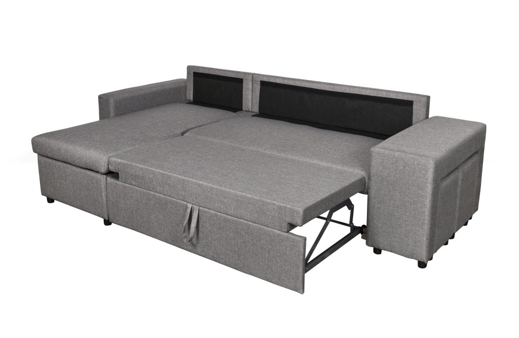 Canapé d'angle OSLO convertible avec coffre et poufs en tissu