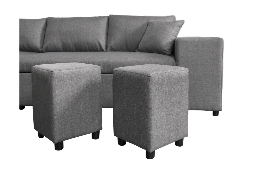 Canapé d'angle OSLO convertible avec coffre et poufs en tissu