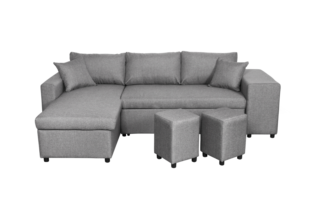 Canapé d'angle OSLO convertible avec coffre et poufs en tissu