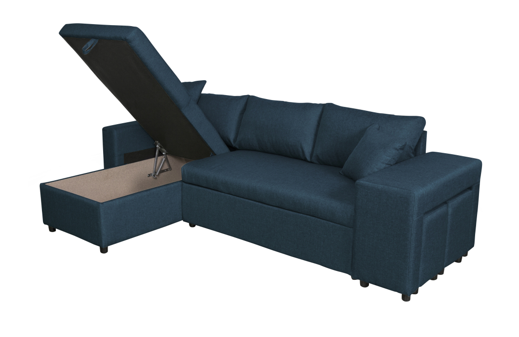 Canapé d'angle OSLO convertible avec coffre et poufs en tissu