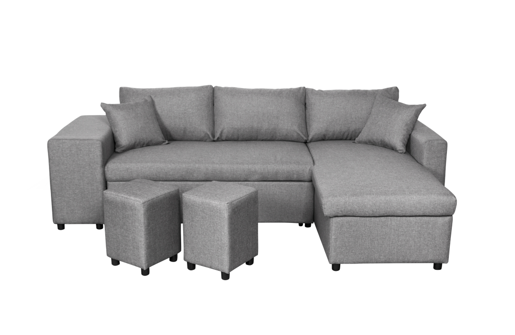 Canapé d'angle OSLO convertible avec coffre et poufs en tissu