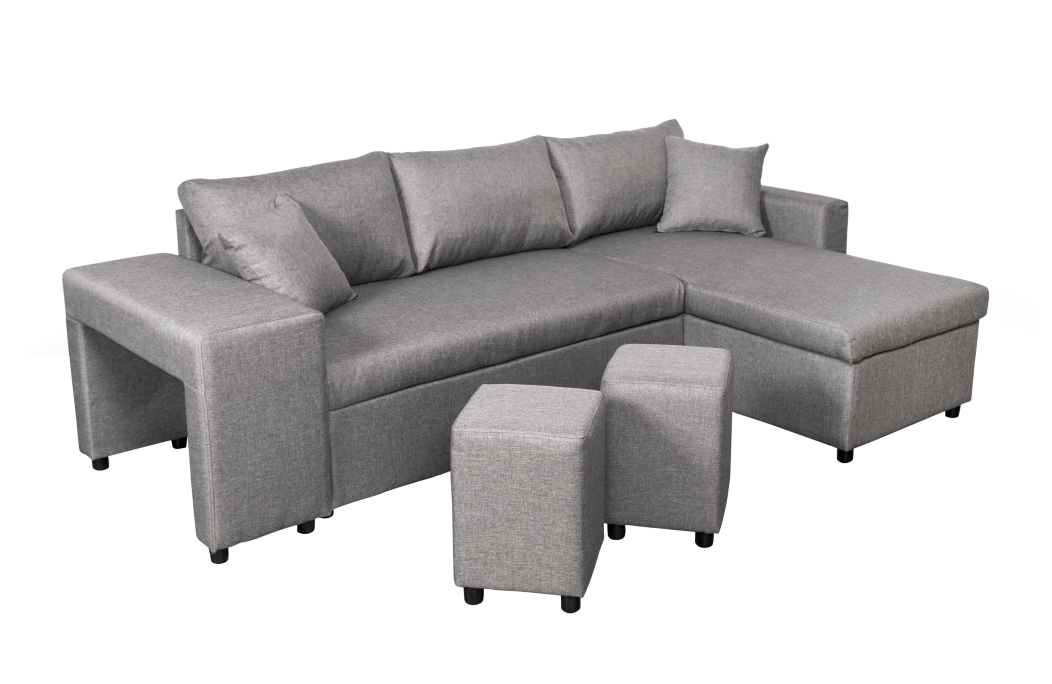 Canapé d'angle OSLO convertible avec coffre et poufs en tissu