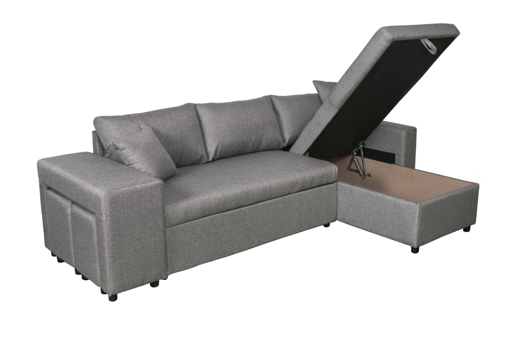Canapé d'angle OSLO convertible avec coffre et poufs en tissu