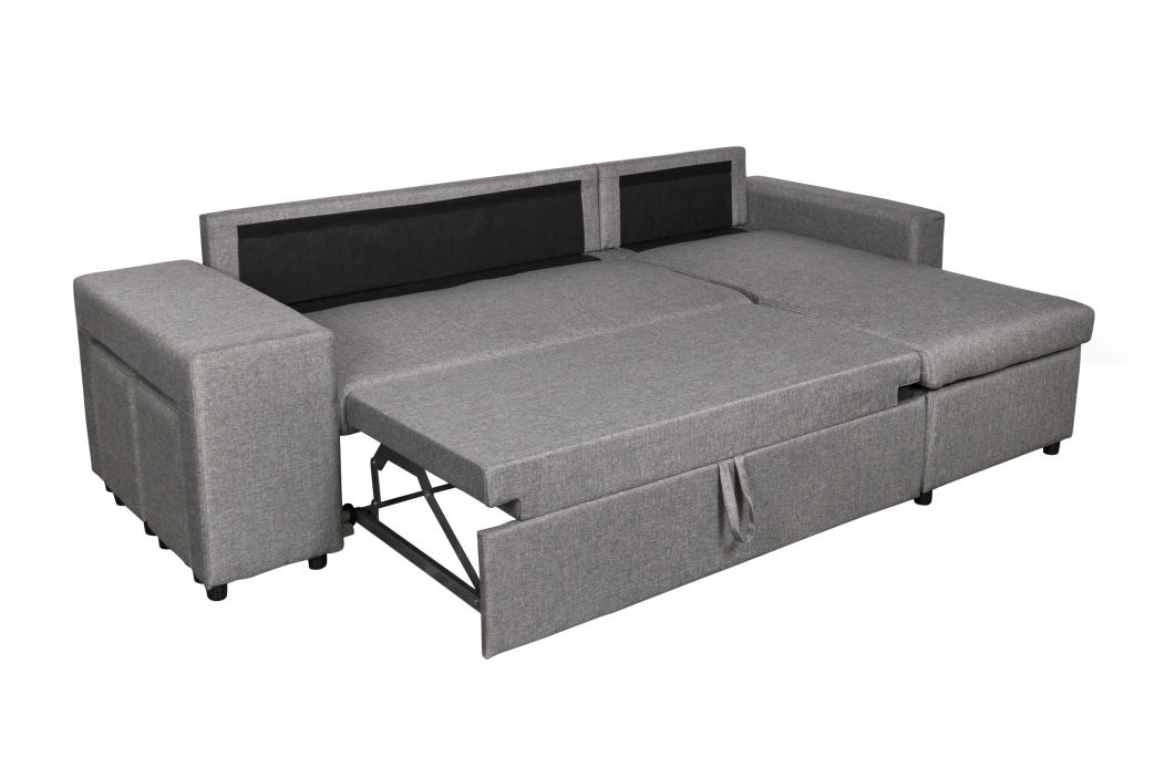 Canapé d'angle OSLO convertible avec coffre et poufs en tissu