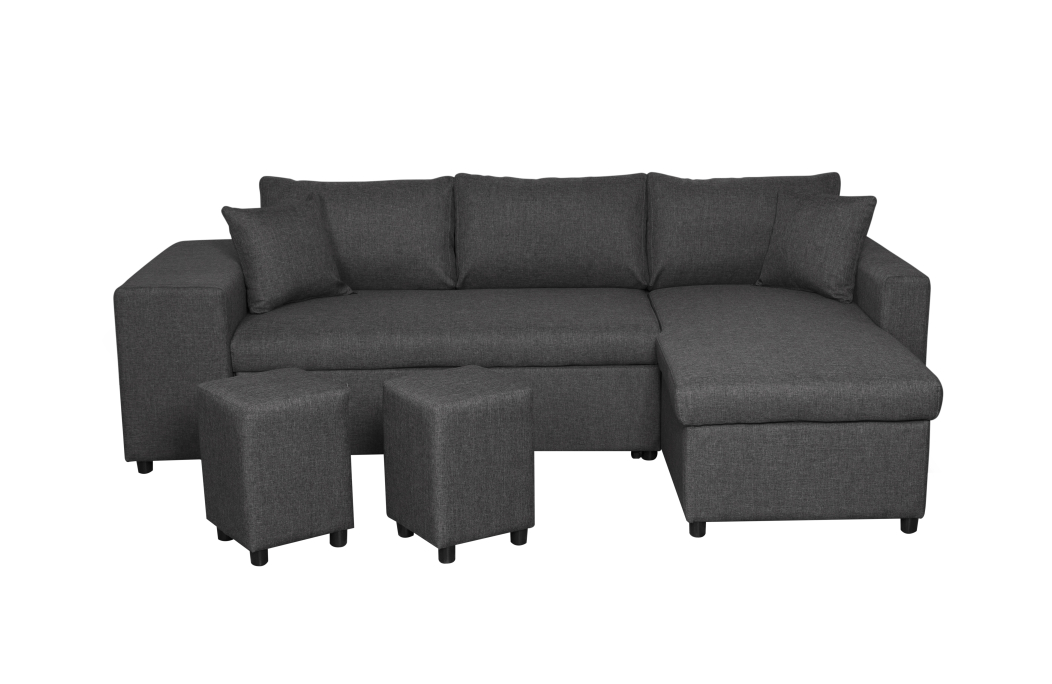 Canapé d'angle OSLO convertible avec coffre et poufs en tissu