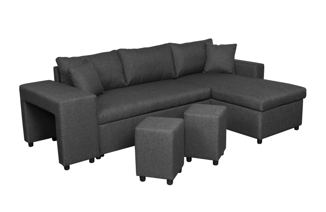 Canapé d'angle OSLO convertible avec coffre et poufs en tissu