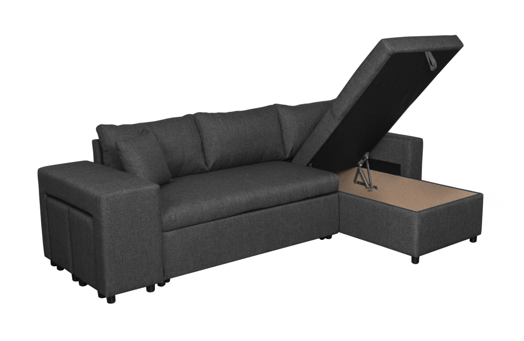 Canapé d'angle OSLO convertible avec coffre et poufs en tissu