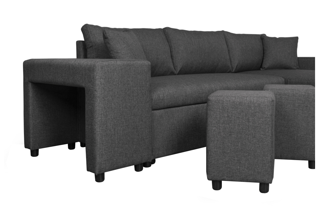 Canapé d'angle OSLO convertible avec coffre et poufs en tissu