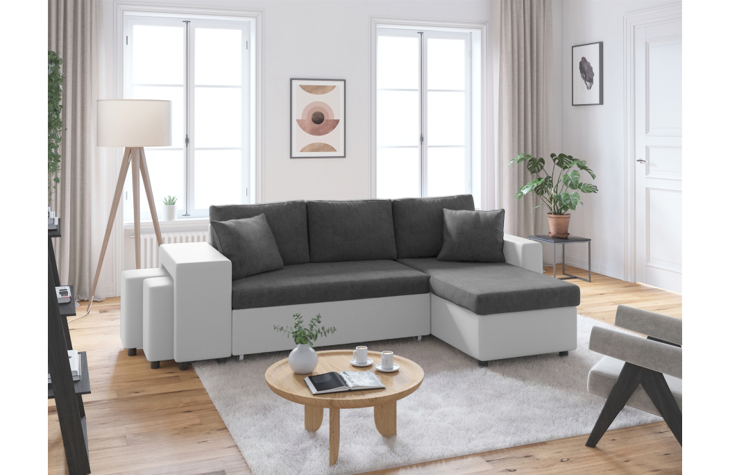 Canapé d'angle OSLO convertible avec coffre et poufs en microfibre et simili