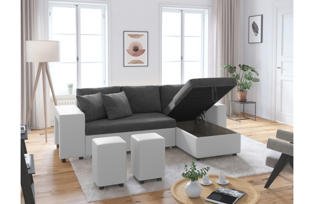 Canapé d'angle OSLO convertible avec coffre et poufs en microfibre et simili