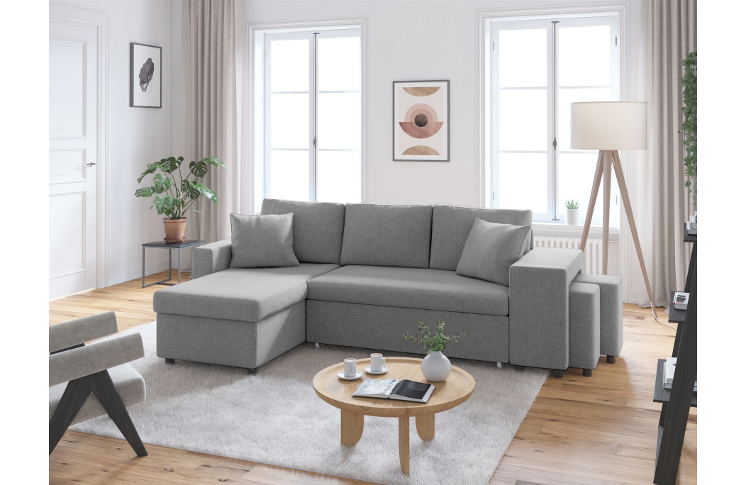 Canapé d'angle OSLO convertible avec coffre et poufs en tissu