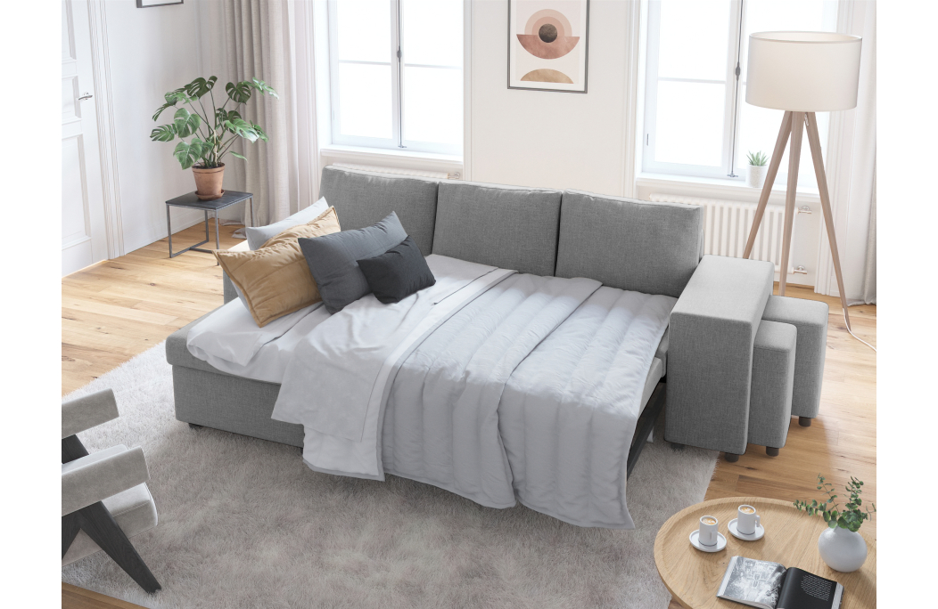 Canapé d'angle OSLO convertible avec coffre et poufs en tissu