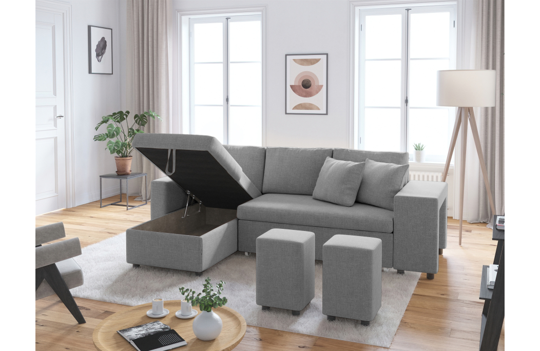 Canapé d'angle OSLO convertible avec coffre et poufs en tissu