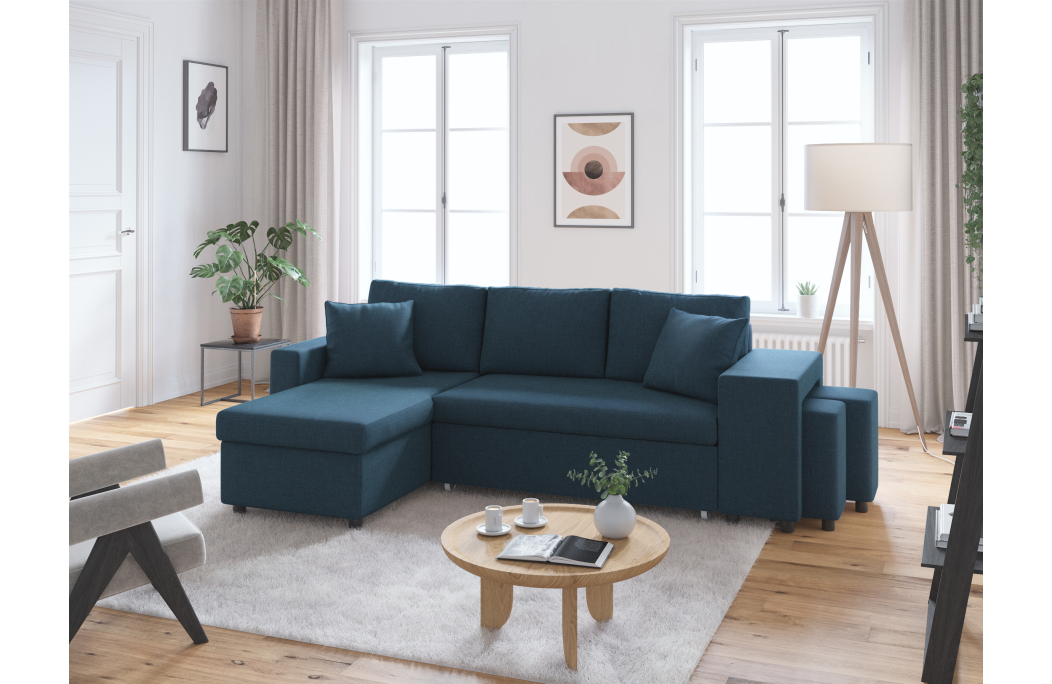 Canapé d'angle OSLO convertible avec coffre et poufs en tissu